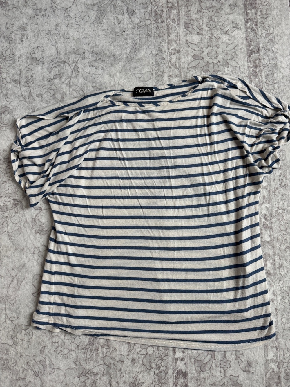 Colette Navy and White Striped Short-Sleeve Boatneck Tee with Cutout Shoulders